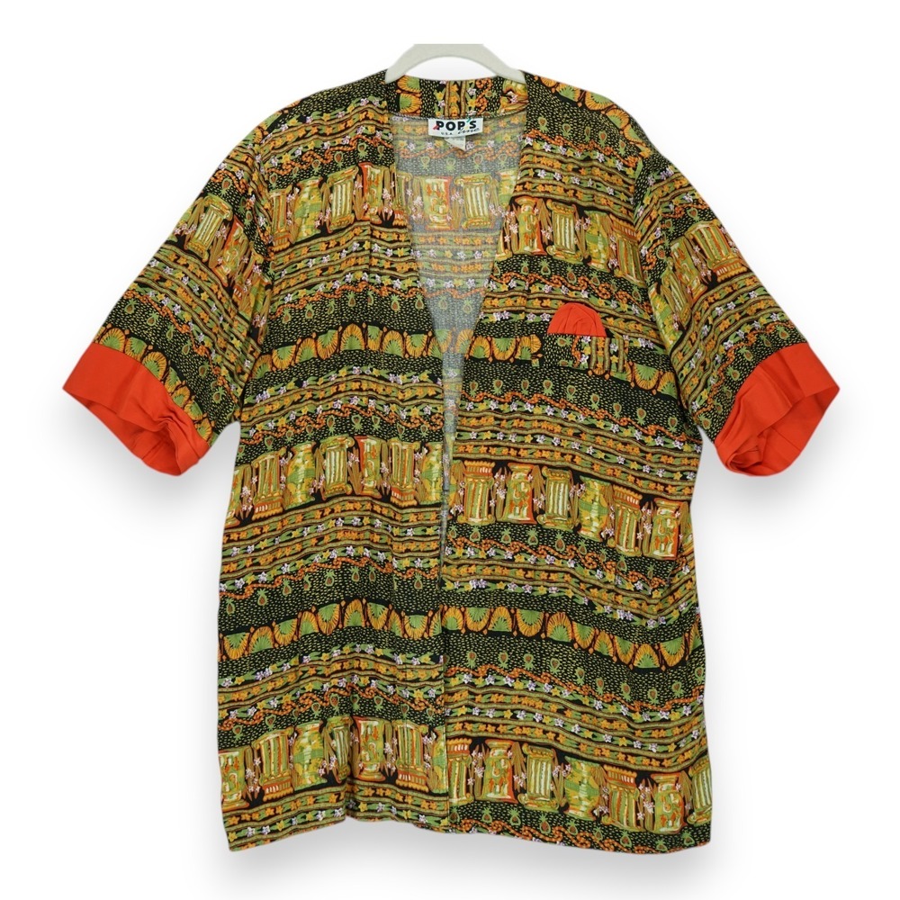 Vintage POP'S Open Front Rayon Tunic‎ Shirt Size XXL Made in USA Floral Pattern